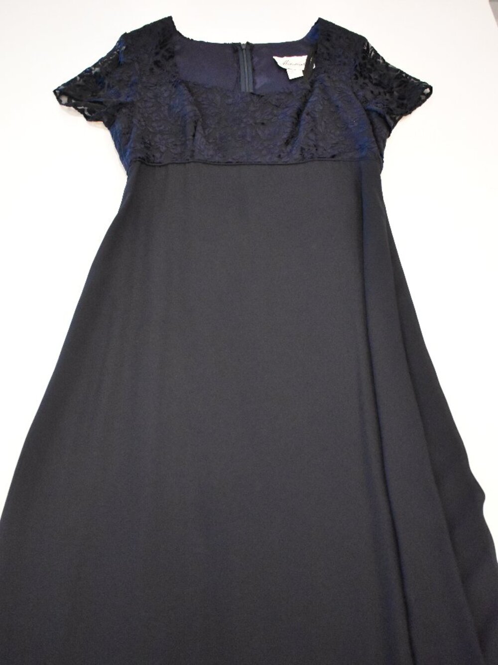 Michelangelo Navy Blue Formal Dress Women's Size 8 Velvet Floral Lace Maxi Gown